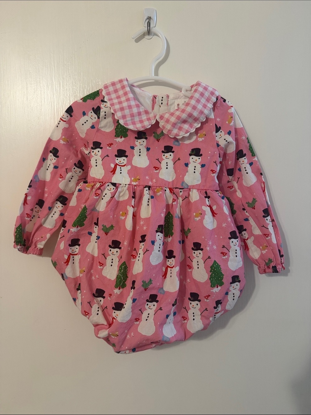 SweetHoney Pink Snowman Gingham Collar Holiday Romper 18m
